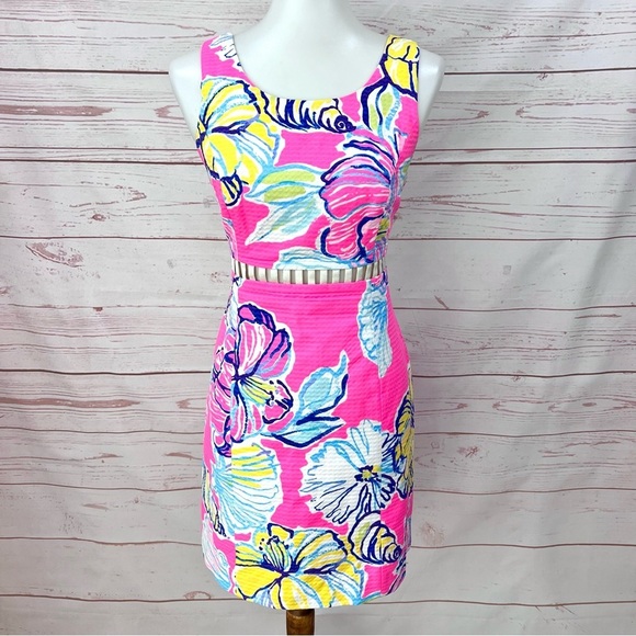 Lilly Pulitzer Iggy Kir Royal Pink Swept By The Tides Cut Out Waist Shift Dress - Picture 2 of 11